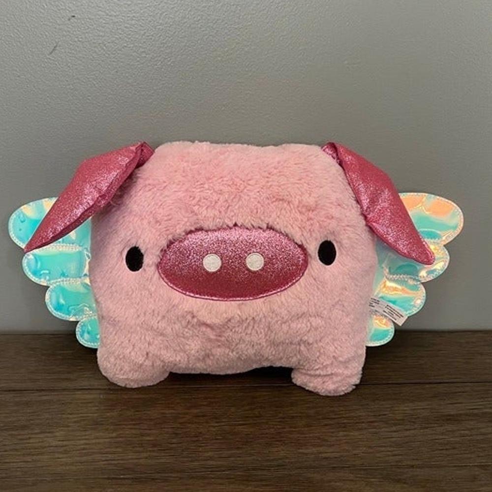 Claires Poppy the Pink Pig Plush Pillow Flying Pig Iridescent Wings Stuffed Toy